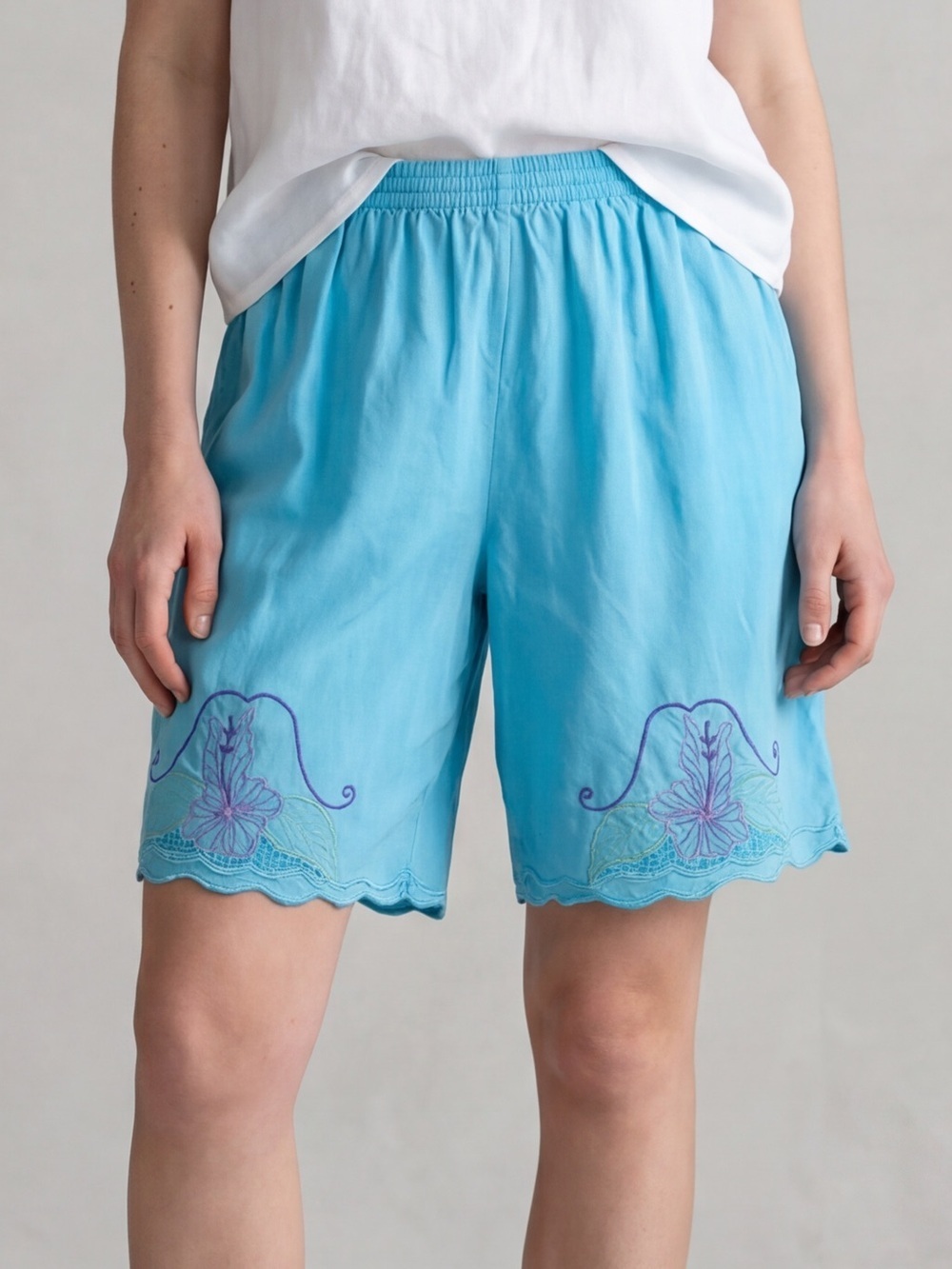 Vintage 70s-90s Aqua Embroidered Scallop-Hem Resortwear Shorts Fairy Bloomers